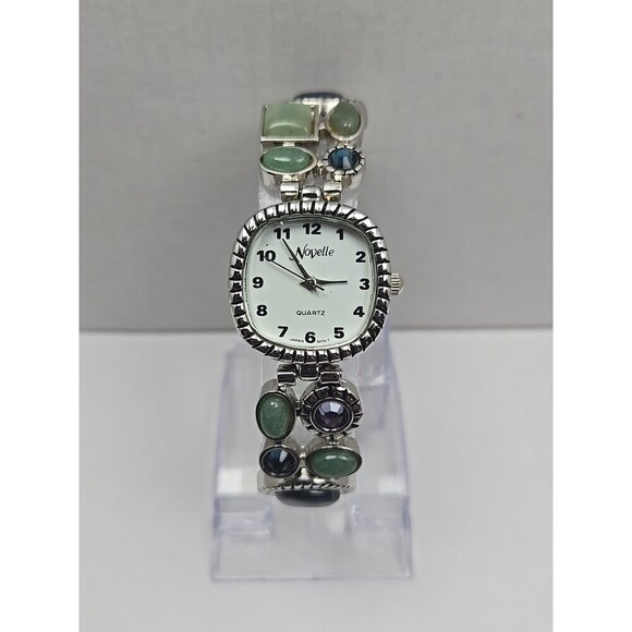 Novelle Gemstone Bracelet Watch Aventurine Blue Cabochon Silver Tone New Battery - Picture 1 of 10